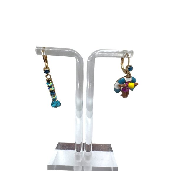 Betsey Johnson Pool Party Mismatched Dangle Earrings Blue Crystal Swimmer Charm - Picture 3 of 10
